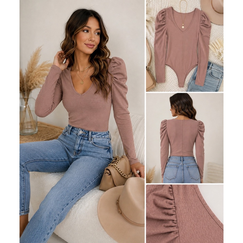 Wild Fable Mauve Textured Puff Sleeve V-Neck Bodysuit NWT Size M